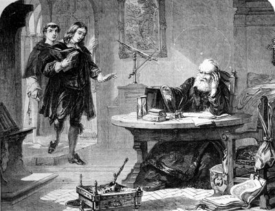 John Milton, poeta y ensayista inglés (1608 - 1674) visitó a Galileo Galilei (Galileo) (1564 - 1642) en su celda de la Inquisición de Florencia. Grabado. 1860 aprox. de Unknown artist