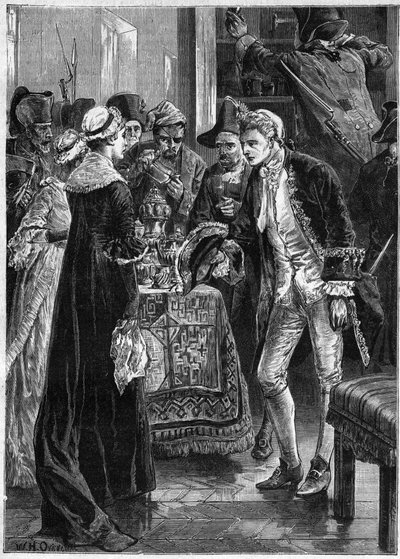 John Paul Jones visita a Lady Selkirk después de que sus hombres hayan tomado sus objetos de valor - Marina Americana: John Paul Jones (1747-1792) héroe de la Guerra de Independencia Americana y la tripulación del Ranger asaltaron el castillo del Conde de  de Unknown artist