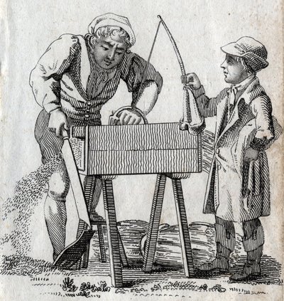 Carpintero y aprendiz. Grabado de finales del siglo XVIII. Colección privada. de Unknown artist