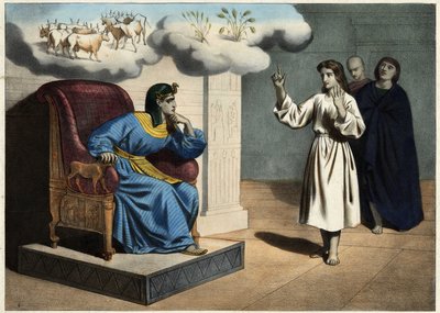 José explicando el significado del sueño del faraón (las siete vacas gordas y las siete vacas flacas, y las siete espigas llenas y las siete espigas quemadas por el viento) (grabado anónimo de mediados del siglo XIX) de Unknown artist