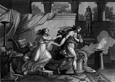 José huyendo de la esposa de Putifar que intenta seducirlo. Litografía del siglo XIX. de Unknown artist