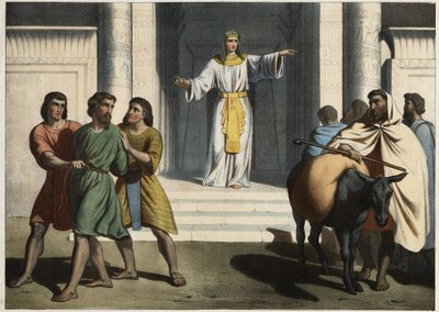 José manteniendo a Simeón como rehén: José el Patriarca pide a sus hermanos que le presenten al joven Benjamín y mantiene a Simeón como rehén esperando su regreso (grabado anónimo de mediados del siglo XIX) de Unknown artist