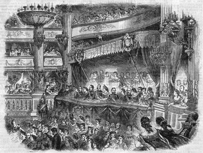 Viaje del emperador ruso Alejandro II (1818-1881) a París: Presentación de gala en la Ópera Garnier. Grabado en “L