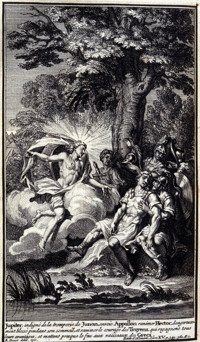Júpiter, indignado por el engaño de Juno, envía a Apolo para revivir a Héctor, peligrosamente herido durante su sueño, y revivir el coraje de los troyanos, quienes recuperan todas sus ventajas y casi incendian los barcos griegos. Ilustración del libro XV d de Unknown artist