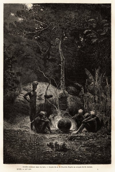 Kanaks cocinando en el bosque, en el territorio de Pamale. Grabado para ilustrar el viaje a Nueva Caledonia, por Jules Garnier, ingeniero civil de minas, en 1863-1866, publicado en “Le tour du monde, nouveau journal des voyages”, editado por Edouard Charto de Unknown artist