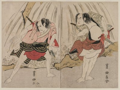 Kataoka Nizaemon VII e Ichikawa Yaozo III en una confrontación junto a una cascada de Unknown artist
