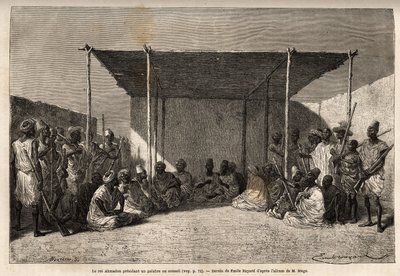 El rey Ahmadou presidiendo un consejo o palabre del imperio Toucouleur en Segou Sikoro (Mali), los sabios se sientan y los guerreros se colocan, el rey sostiene un rosario musulmán en sus manos. Grabado para ilustrar el viaje al Sudán Occidental del Tenien de Unknown artist