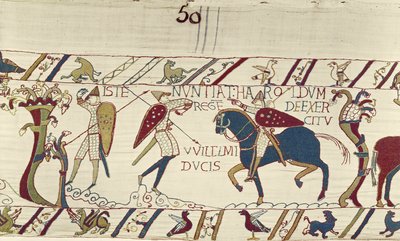 El mensajero del rey Harold le da noticias del ejército del duque Guillermo, Tapiz de Bayeux de Unknown artist