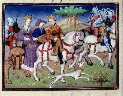 El rey Felipe VI de Valois y la Reina Blanca de Navarra (?) Partiendo de caza Miniatura tomada de “El libro de la caza” por Gaston III Phoebus, Conde de Foix, Señor de Bearn (1331-1391) de Unknown artist