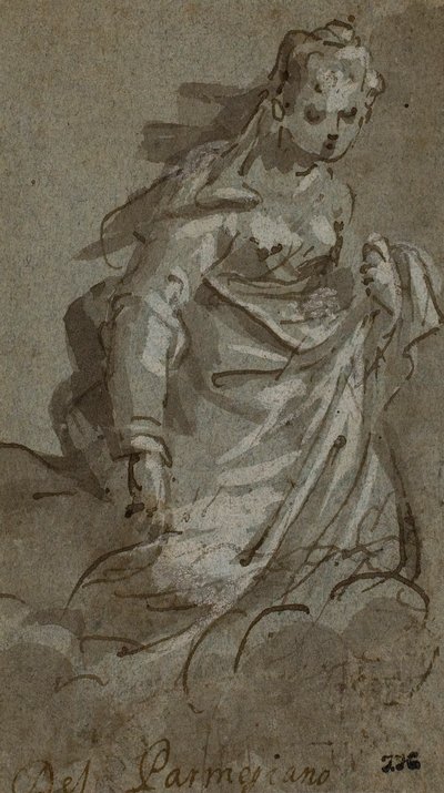 Figura femenina arrodillada en las nubes (anverso); Bocetos de figuras (reverso) de Unknown artist