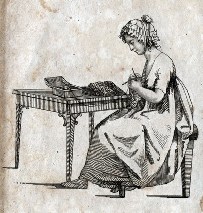 Máquina de tejer: mujer ocupada tejiendo lana. Grabado finales del siglo XVIII. Colección privada. de Unknown artist