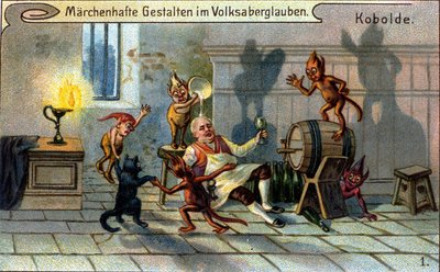 Koboldes, pequeños elfos o farfadets de la tradición popular alemana. Cromolitografía del siglo XIX de Unknown artist