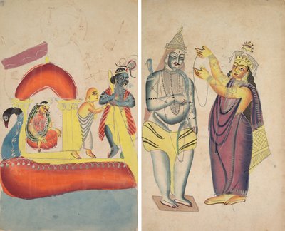 Krishna Ferrying Radha Across the Yamuna River (recto); Parivati Placing a Wedding Garland on Shiva (verso) de Unknown artist
