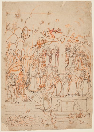 Krishna observa a las lecheras dando vueltas alrededor de un árbol sagrado: el mes de Jyestha (mayo-junio), de un Baramasa (Los doce meses) de Unknown artist