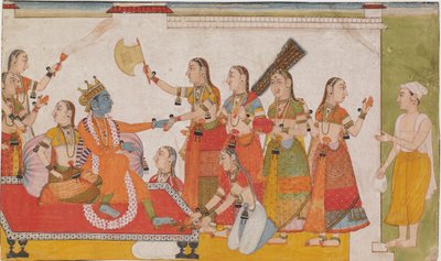 Krishna dando la bienvenida a Sudama, de un Bhagavata Purana de Unknown artist