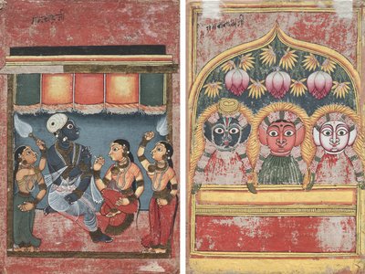Krishna with Radha and Two Attendants (recto); Jagannath, Subhadra and Balarama in an Arch (verso) de Unknown artist