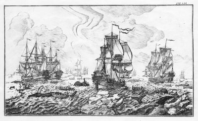 La caza de la ballena - grabado en "Relato clásico de la industria ballenera ártica" de Cornelis Zorgdrager de Unknown artist