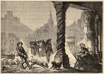 La gran calle un día de mercado en Dol de Bretaña - grabado en “PATRIE” - DESCRIPCIÓN PICTURESQUE DE FRANCIA EN 6 VOLÚMENES POR LUCIEN HUARD - finales del siglo XIX de Unknown artist