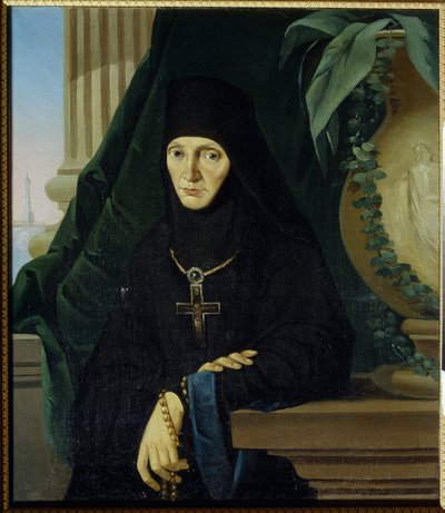 La mera superieure Maria (Margarita Tuchkova) (Madre Superiora Maria (Tuchkova). Higoumene (hegoumene) del convento ortodoxo de Spaso Borodinsky, en 1812, durante la invasión de la Grande Armee de Napoleón (1769-1821). Pintura anónima, óleo sobre lienzo ,  de Unknown artist