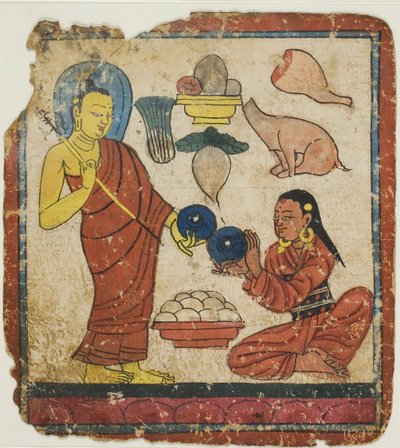 Dama que ofrece comida a un monje, de un juego de cartas de iniciación (Tsakali) de Unknown artist