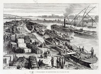 Descarga de mercancías en un muelle del Canal de Suez de Unknown artist