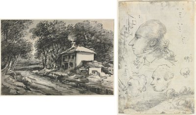 Paisaje con cabaña (anverso); Estudios de cabezas (verso) de Unknown artist