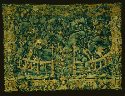 Verdura de hoja grande con balaustrada y pájaros de Unknown artist