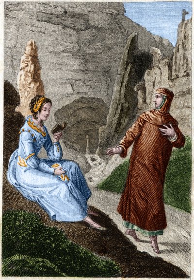 Laure de Noves (Laura) y Francesco Petrarca (Petrarca) (poeta y humanista italiano 1304 - 1374). Grabado de finales del siglo XVIII. de Unknown artist