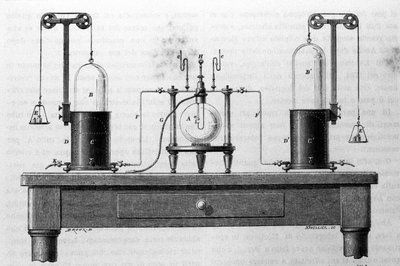 Aparato de Lavoisier y Laplace para la formación de agua mediante la combustión de gases de oxígeno e hidrógeno en un matraz de vidrio. Grabado del siglo XIX de Unknown artist