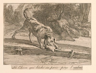 "El perro que suelta su presa por la sombra" de las Fábulas de La Fontaine de Unknown artist