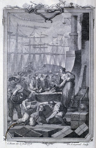 El comercio con las colonias (incluido el café) - en "Filosófico y político de los establecimientos y el comercio de los europeos con las dos Indias" de G.T. Raynal, ed. Pellet, Ginebra de Unknown artist