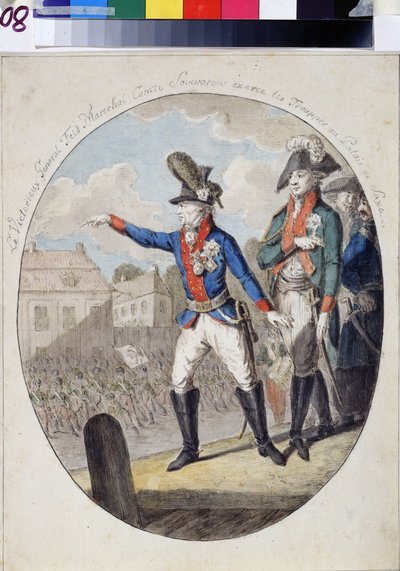 El mariscal Alexander Alexander Souwaroff (Souvaroff o Souvarov o Alexander Souvorov) (1729-1800) inspeccionando tropas ante el Elector del Palacio Sajón, Varsovia, en 1794 durante el levantamiento de Kosciuszko. (Mariscal de campo Alexandr Suvorov inspec de Unknown artist