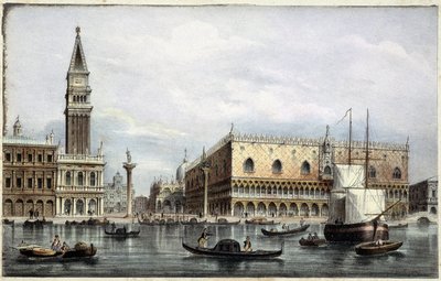 El muelle visto desde el canal en "Álbum de las principales vistas de Venecia", ilustrado por Marco Moro, ed. Gio Brizeghel, c.1840 de Unknown artist