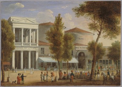 Le théâtre des Variétés et le passage des Panoramas, boulevard Montmartre, circa 1825, circa 1825 (óleo sobre cartulina) de Unknown artist