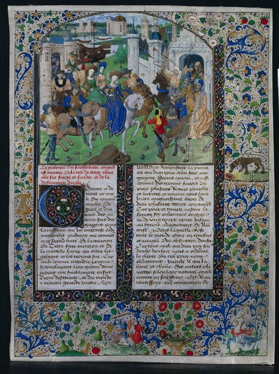 Hoja de la "Crónica Universal" de Jehan de Courcy: El rey Príamo se encuentra con Helena y París fuera de las puertas de Troya de Unknown artist