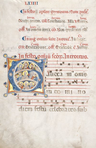 Hoja de un Gradual: Inicial (G) con Cristo, la Virgen y los Apóstoles de Unknown artist