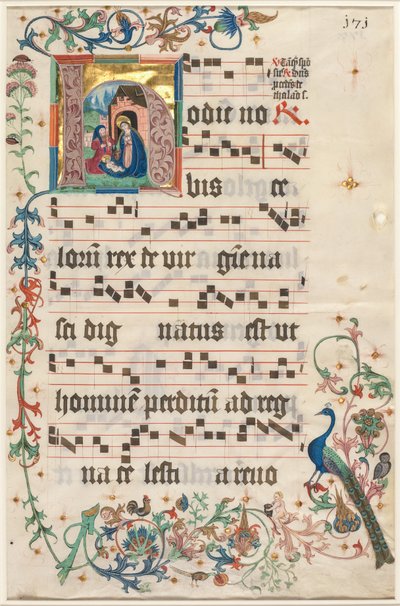 Hoja de un Antifonario: H inicial con la Natividad (anverso) de Unknown artist