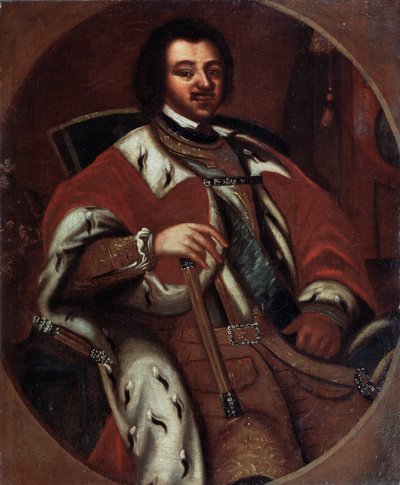 El emperador ruso Pedro I (el Grande) (1672-1725) en su trono (el emperador Pedro I entronizado). Pintura anónima. Óleo sobre lienzo, principios del siglo XVIII. Museo Estatal de Arte, Yaroslavi (Rusia). de Unknown artist