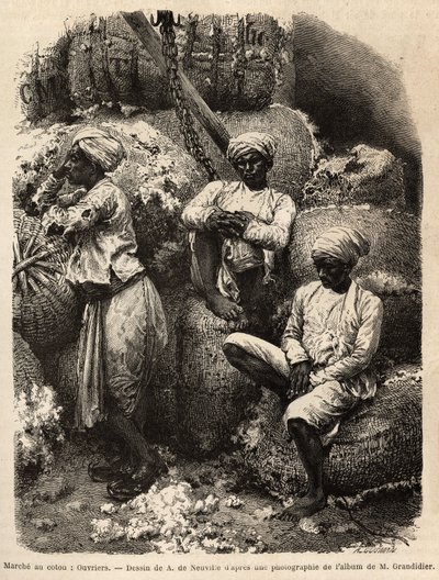 Los trabajadores parsis en reposo, en el mercado de algodón de Bombay. Grabado para ilustrar el viaje en las provincias meridionales de la India, por Alfred Grandidier, en 1862-1864, publicado en “Le tour du monde, nouveau journal des voyages”, 1869, edita de Unknown artist