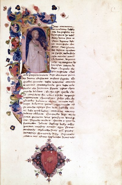 Letra "a" en una página miniada del incipit de "Teseida". Giovanni Boccaccio (1313 - 1375). Manuscrito del siglo XV. Trivulziana Milán de Unknown artist