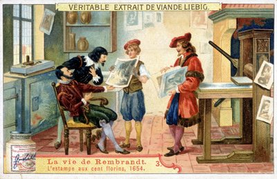 Cromolitografía de Liebig sobre la vida de Rembrandt (1606 - 1669), pintor holandés. Esta es la impresión de 100 florines en 1654 de Unknown artist