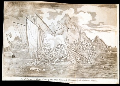 El Teniente Turner, y la Tripulación del Barco Tea, hechos Prisioneros, por los Piratas Ladrones (imprimir) de Unknown artist