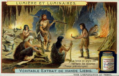Luz y luminarias: la lámpara de arcilla de los habitantes de las cavernas durante la prehistoria. Ilustración en embalajes de Liebig de Unknown artist