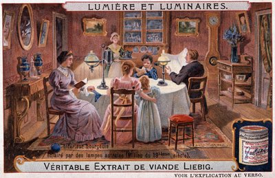 Luces y luminarias, interior burgués iluminado por lámparas astrales - cromo. Liebig circa 1895 de Unknown artist