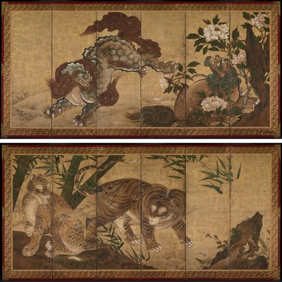Lions and Tigers in Peony and Bamboo de Unknown artist