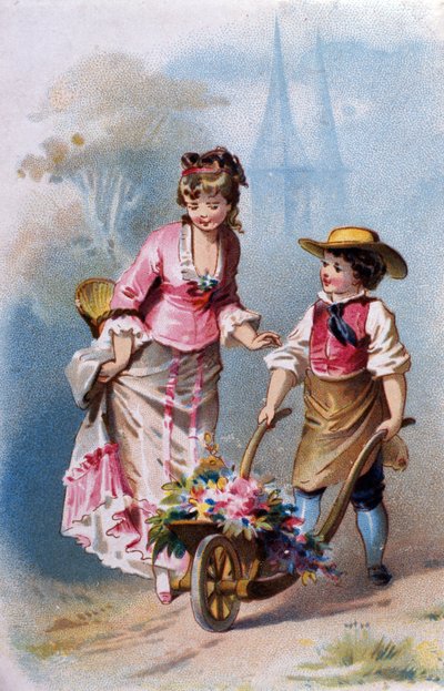 Pequeño jardinero: un niño con una carretilla llena de flores habla con una joven en el camino a un pueblo. Cromolitografía 1880 de Unknown artist