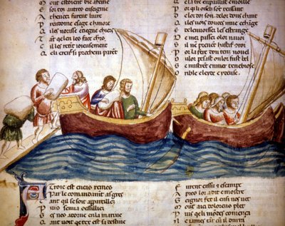 Cargando carga a bordo, finales del siglo XIII. Miniatura del “Roman de Troy” de Benoit de Saint Maure. Siglo XIV Biblioteca Marciana, Venecia de Unknown artist