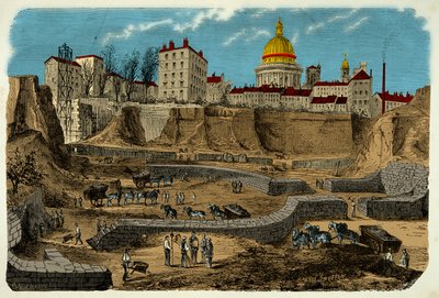 Ubicación del circo Galo Romano que data del siglo II a.C., descubierto en 1870 durante la perforación de la rue Monge en París, grabado del siglo XIX de Unknown artist