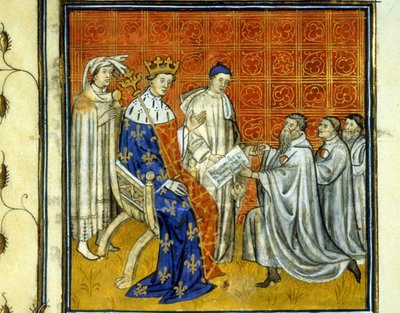 Luis X (1289-1316) concede una carta a los judíos del reino - Redención por los judíos, en 1315, de su derecho a regresar al reino de Francia después de la expulsión de 1308 por Felipe el Hermoso. Son identificables por la rueda blanca y roja. Iluminación de Unknown artist