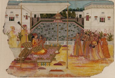 Amantes en una terraza de jardín; músicos y asistentes de Unknown artist